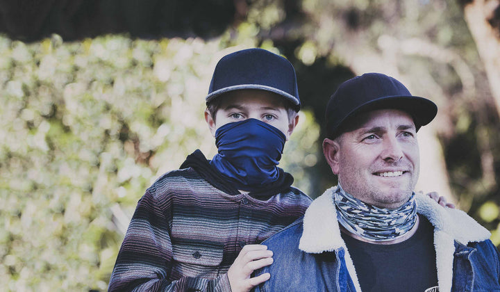 Father and son outdoors wearing Headz sun protective headwear by Crazy Arms