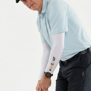 <ale golfer wearing Crazy Arms Sun sleeves with the slogan #ontour