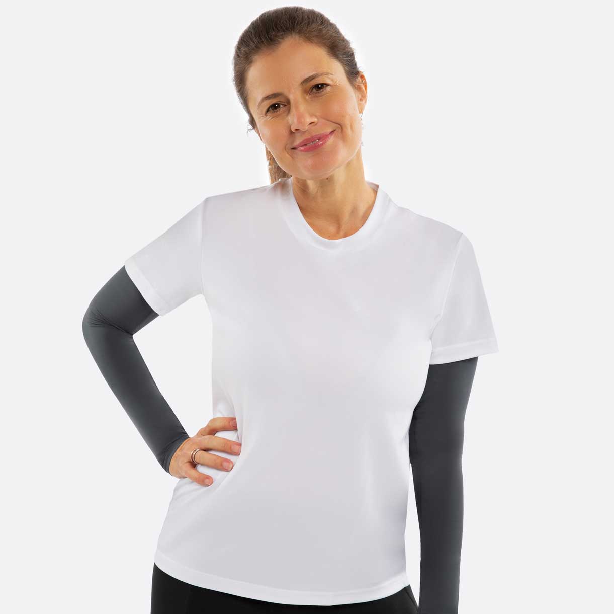 grey arm sleeves woman